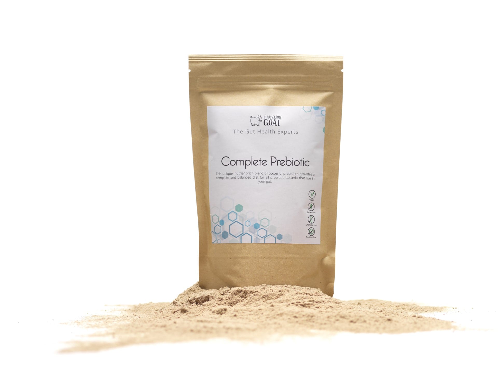 Package of Chuckling Goat Complete Prebiotic on top of bed of prebiotic powder.