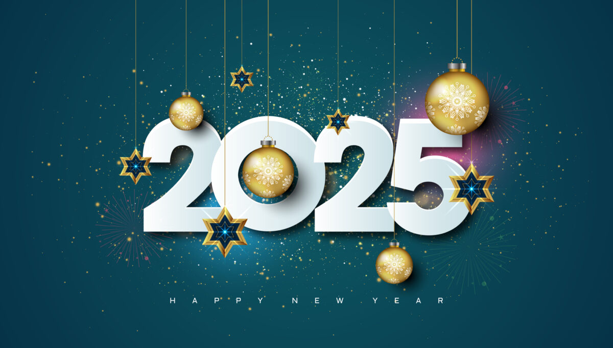 Happy new year 2025 wishes background with Christmas bauble