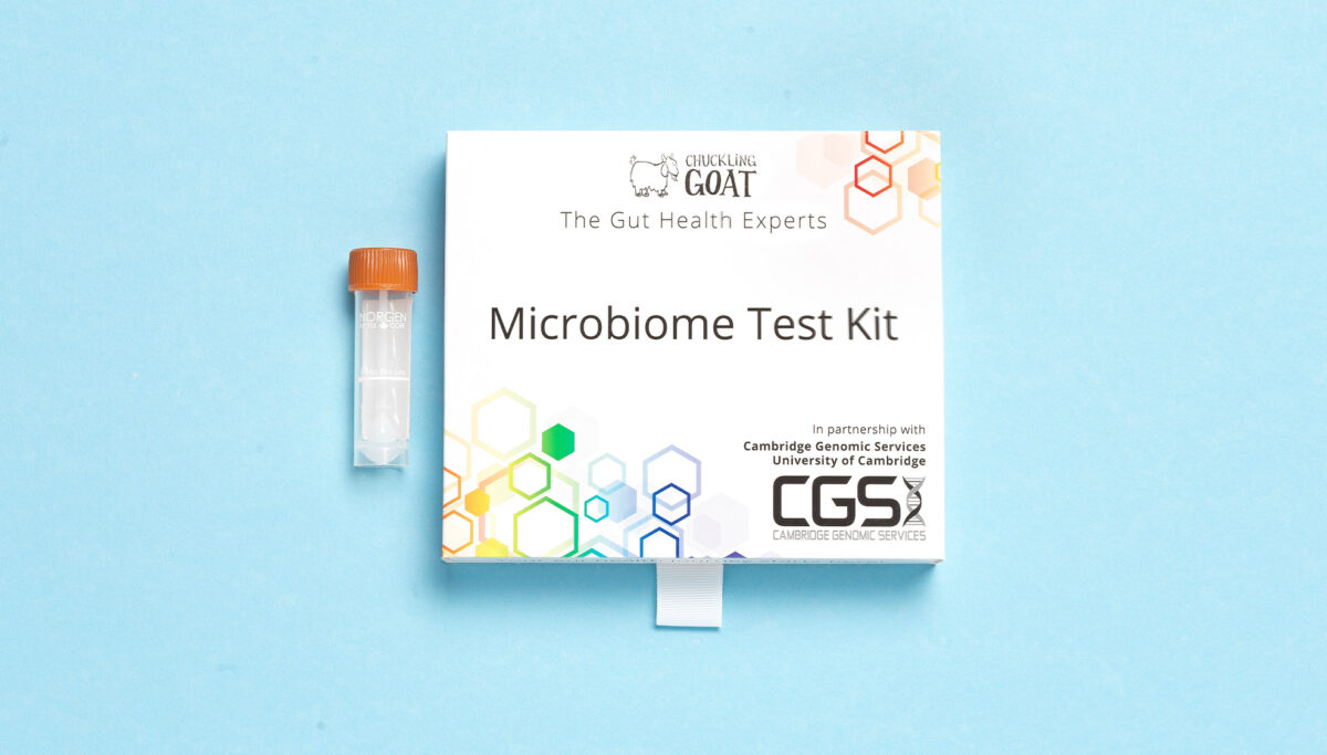 Gut Microbiome Test Kit from Chuckling Goat on blue background
