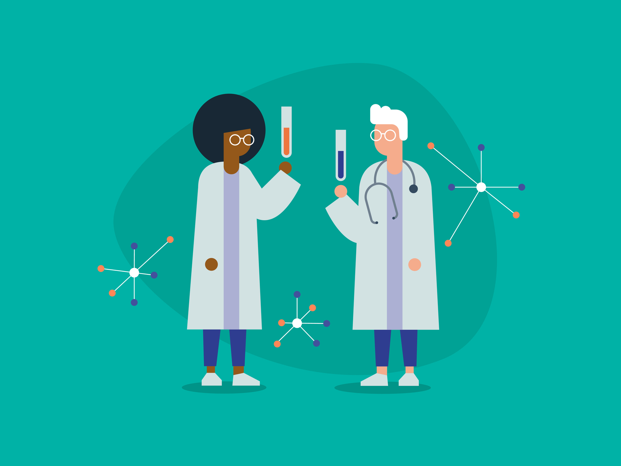 Graphic of two scientists with chemistry equipment