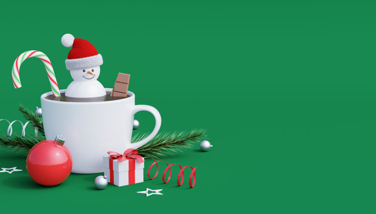 Snowman in a cup of hot chocolate on green background. Winter Holidays concept 3d render 3d illustration