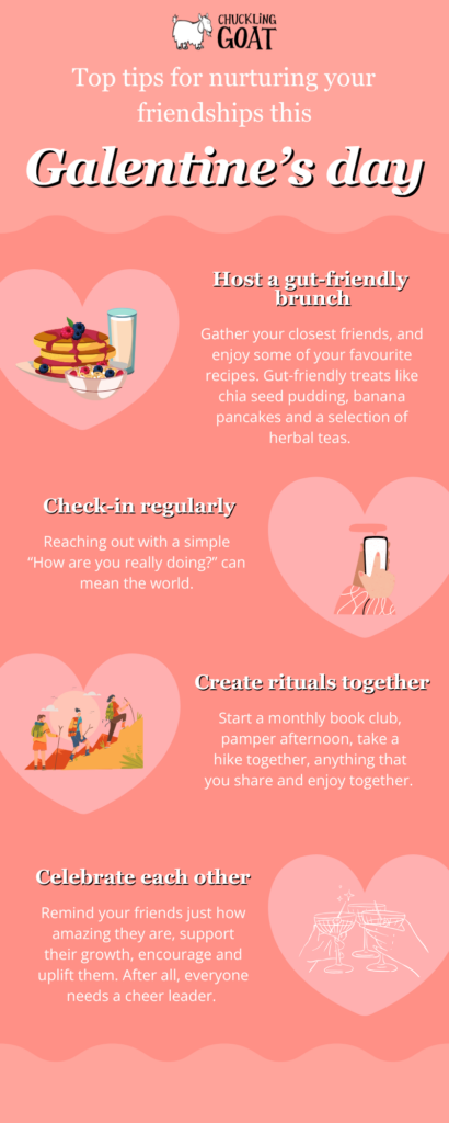 Infograph with 4 top tips for nurturing your friendships this Galentine's day. Cute display with pink background.