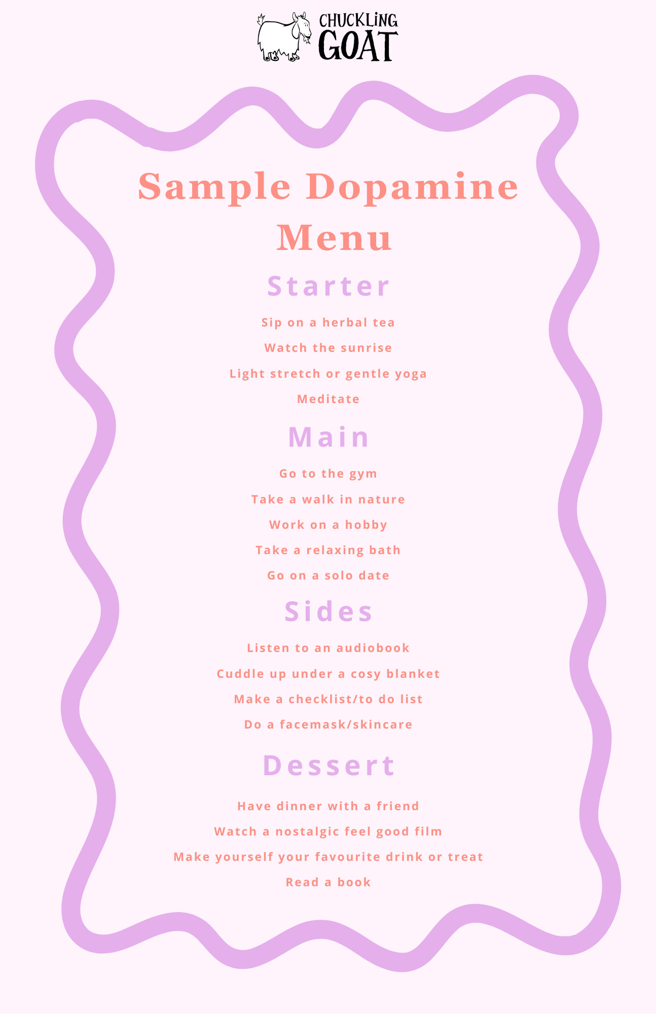 the image depicts a dopamine menu, a list of activities that can provide dopamine without over stimulation such as a walk in nature, taking a relaxing bath, listening to an audiobook and having dinner with a friend. 