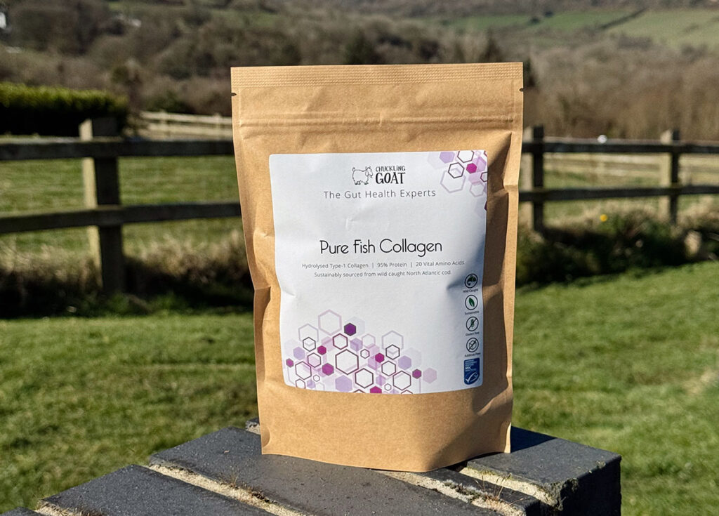 Image of Chuckling Goat Pure Fish Collagen on farm background.