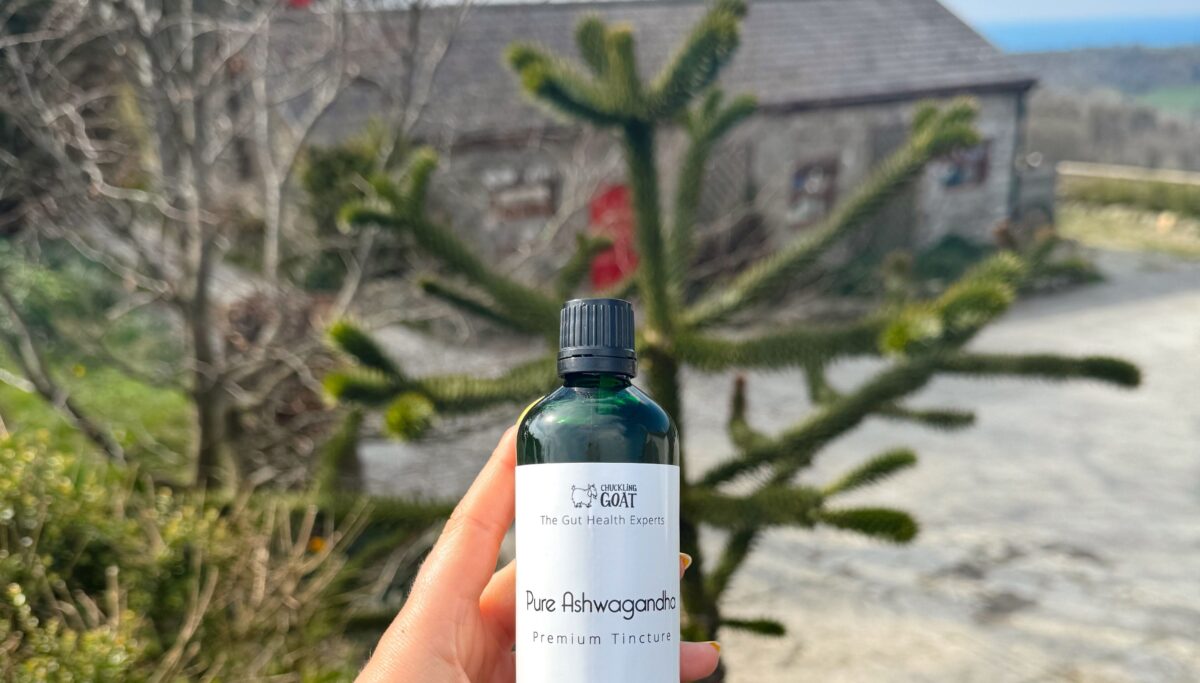 Image of Chuckling Goat Organic Ashwagandha Premium Tincture in front of farm house background