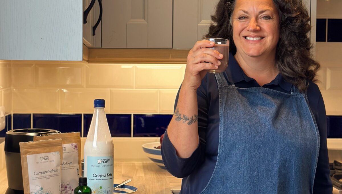 Image of Shann Jones, Chuckling Goat Director, holding kefir smoothie.