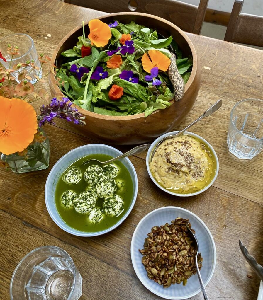 Image of delicious lunch - salad, flowers, hummus, oils - prepared during gardening course with Charles Dowding.
