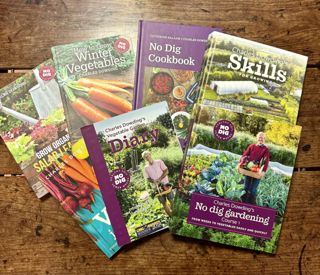 Image of various gardening books by Charles Dowding.