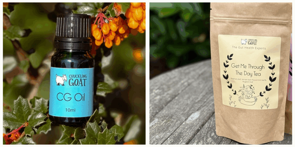 Side by side images of Chuckling Goat CG Oil and Get Me Through The Day Tea