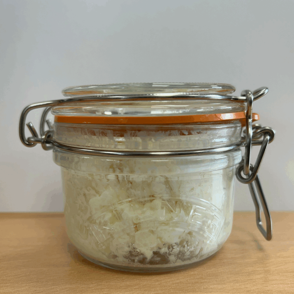 Image of kefir grains in mason jar.