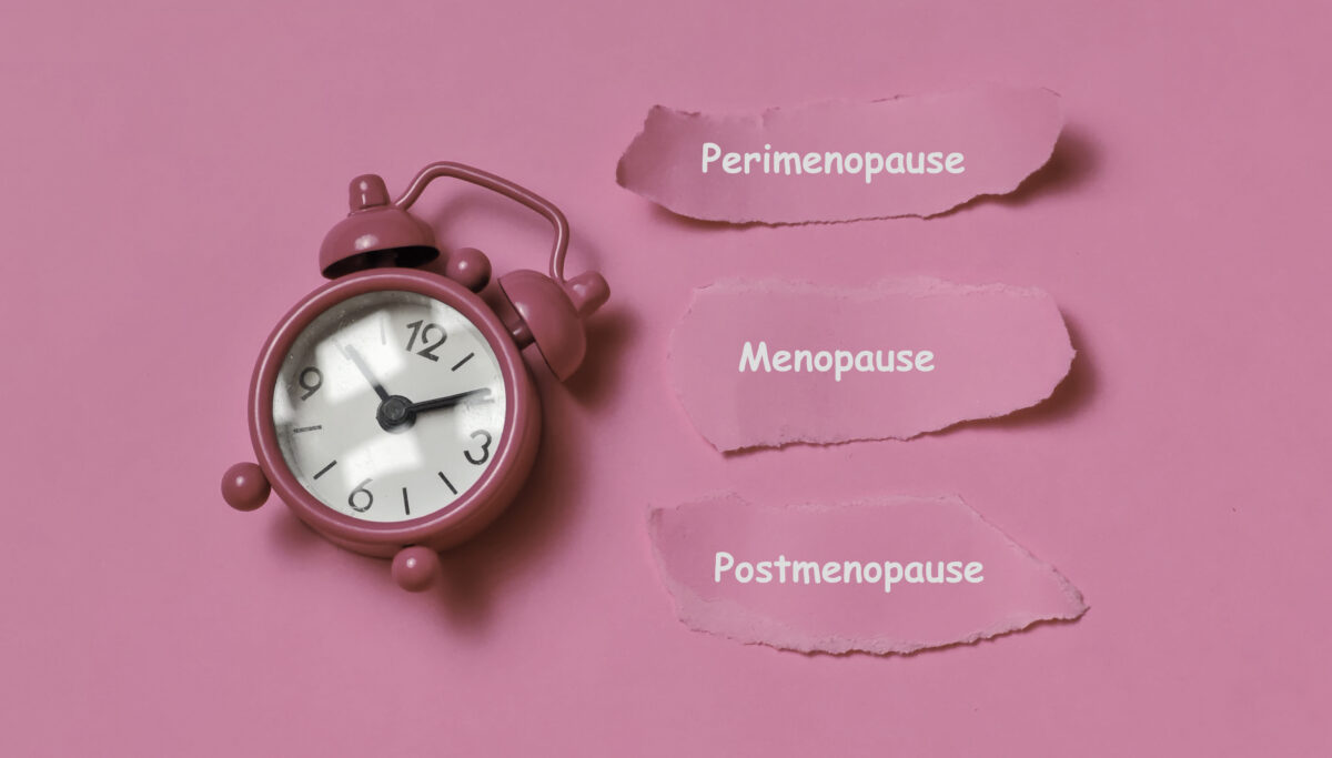 The three stages of the female aging process: Perimenopause, Menopause, and Postmenopause, symbolized by a pink alarm clock as a time indicator.