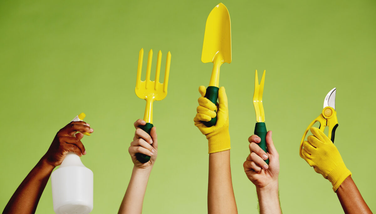 A group of five mixed hands each holds up a different gardening tool.